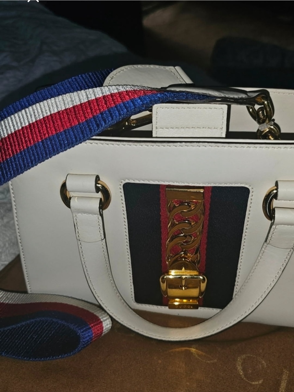 Gucci White Leather Satchel with Blue and Red Webbing Strap